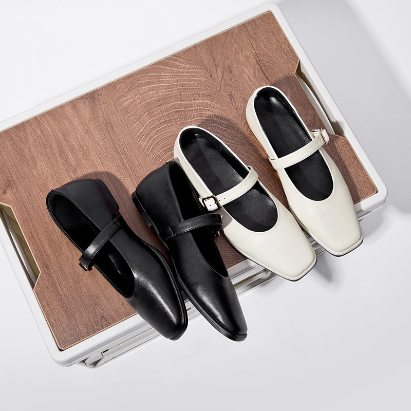 Genuine Leather Mary Jane Shoes Women Square Toe Snap Ballet Cowhide Flat Shoes