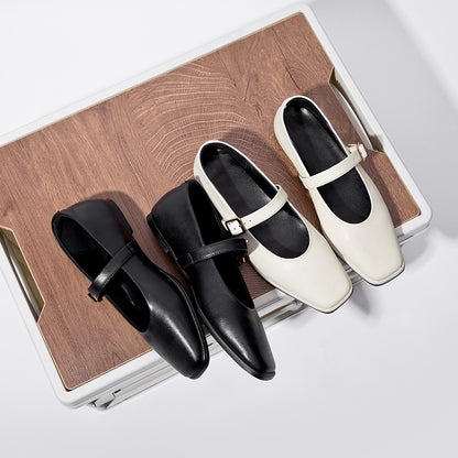 Genuine Leather Mary Jane Shoes Women Square Toe Snap Ballet Cowhide Flat Shoes