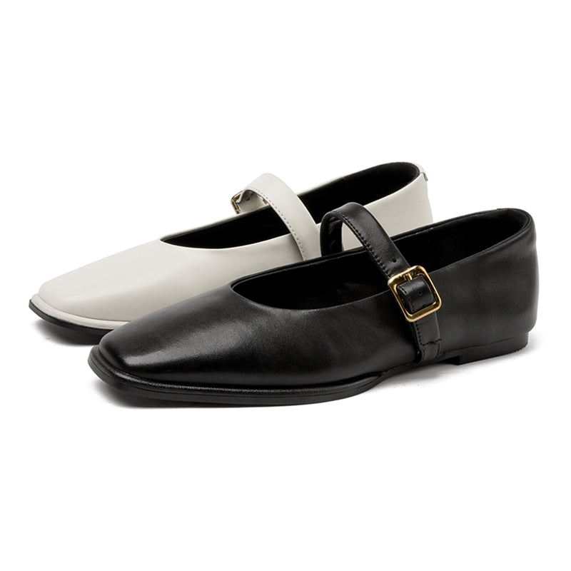 Genuine Leather Mary Jane Shoes Women Square Toe Snap Ballet Cowhide Flat Shoes 3