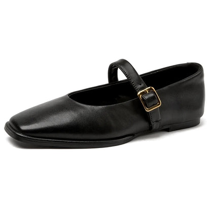 Genuine Leather Mary Jane Shoes Women Square Toe Snap Ballet Cowhide Flat Shoes 4