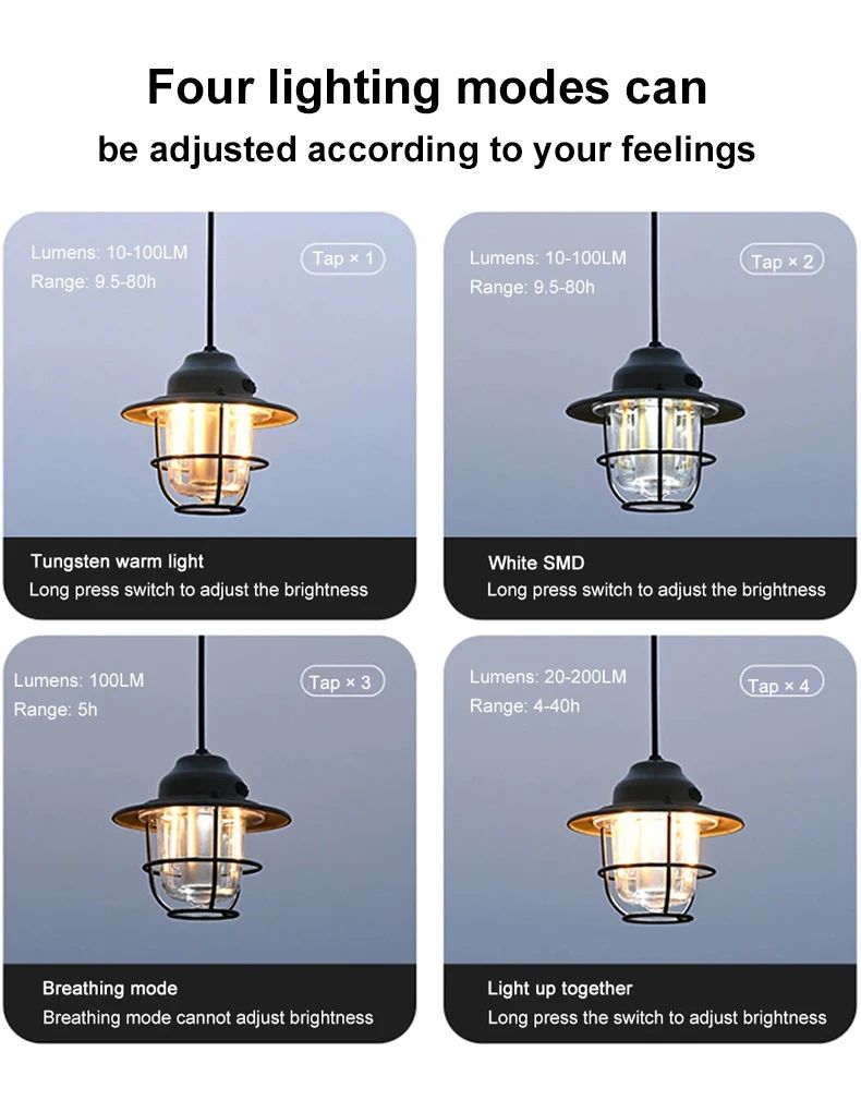 Portable Retro Camping Lantern Waterproof Dimmable Hanging Tent Light 7