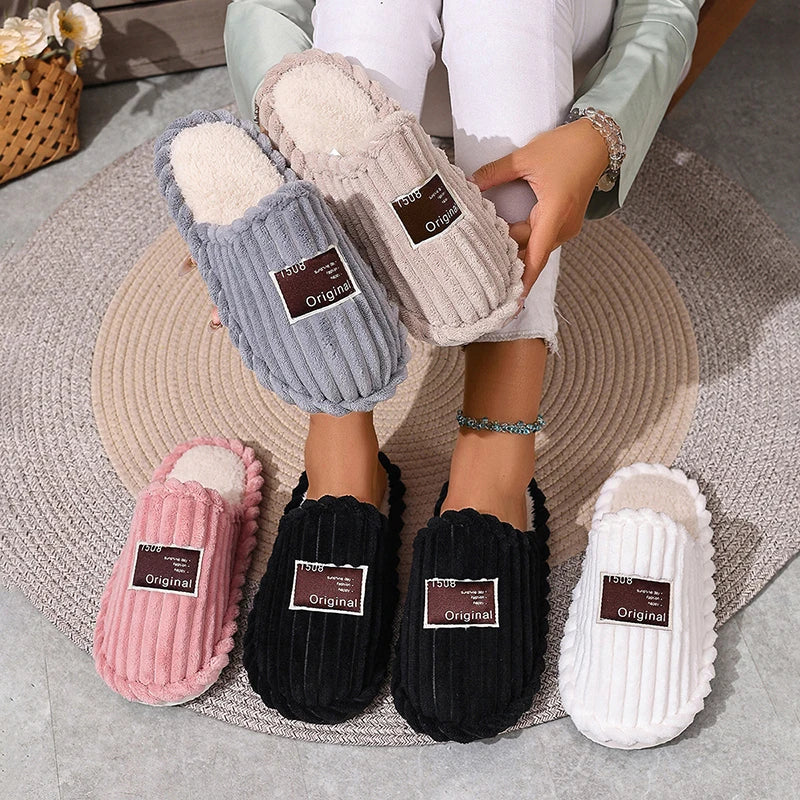 Lightweight Warm Corduroy Winter Slippers for Couple Non Slip Indoor Plush Slippers for Women Comfort Cotton Shoes