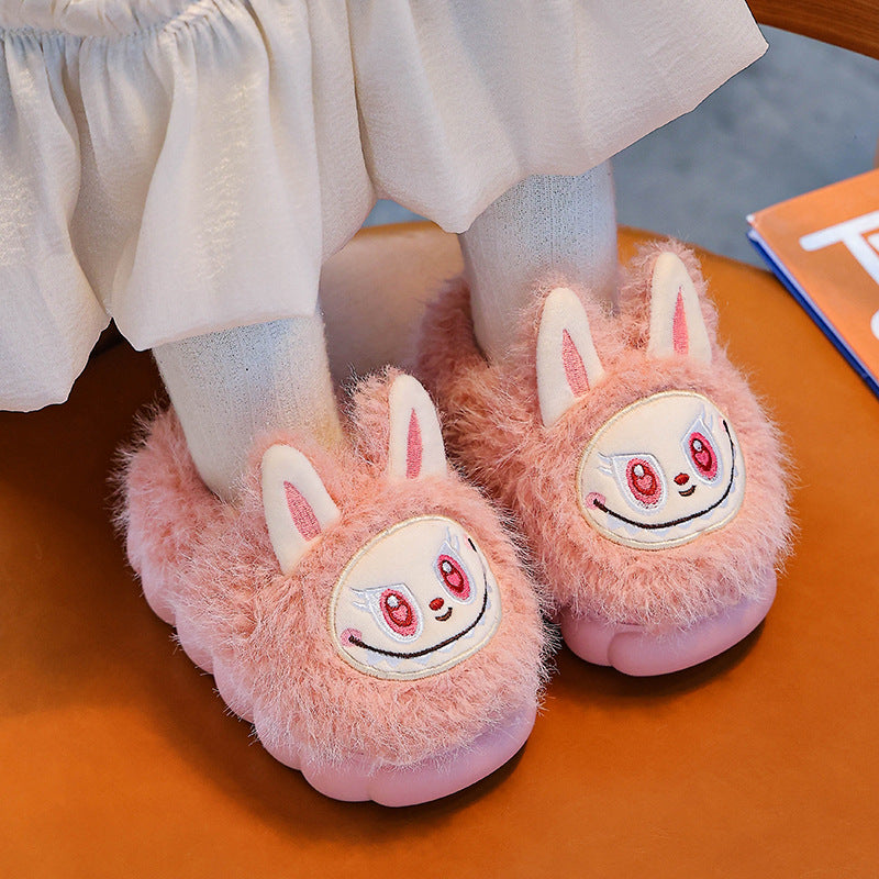 Cute Winter Children's Slippers, Plush Faux Fur Anti Slip Shoes for Boys and Girls, Warm Home Slippers