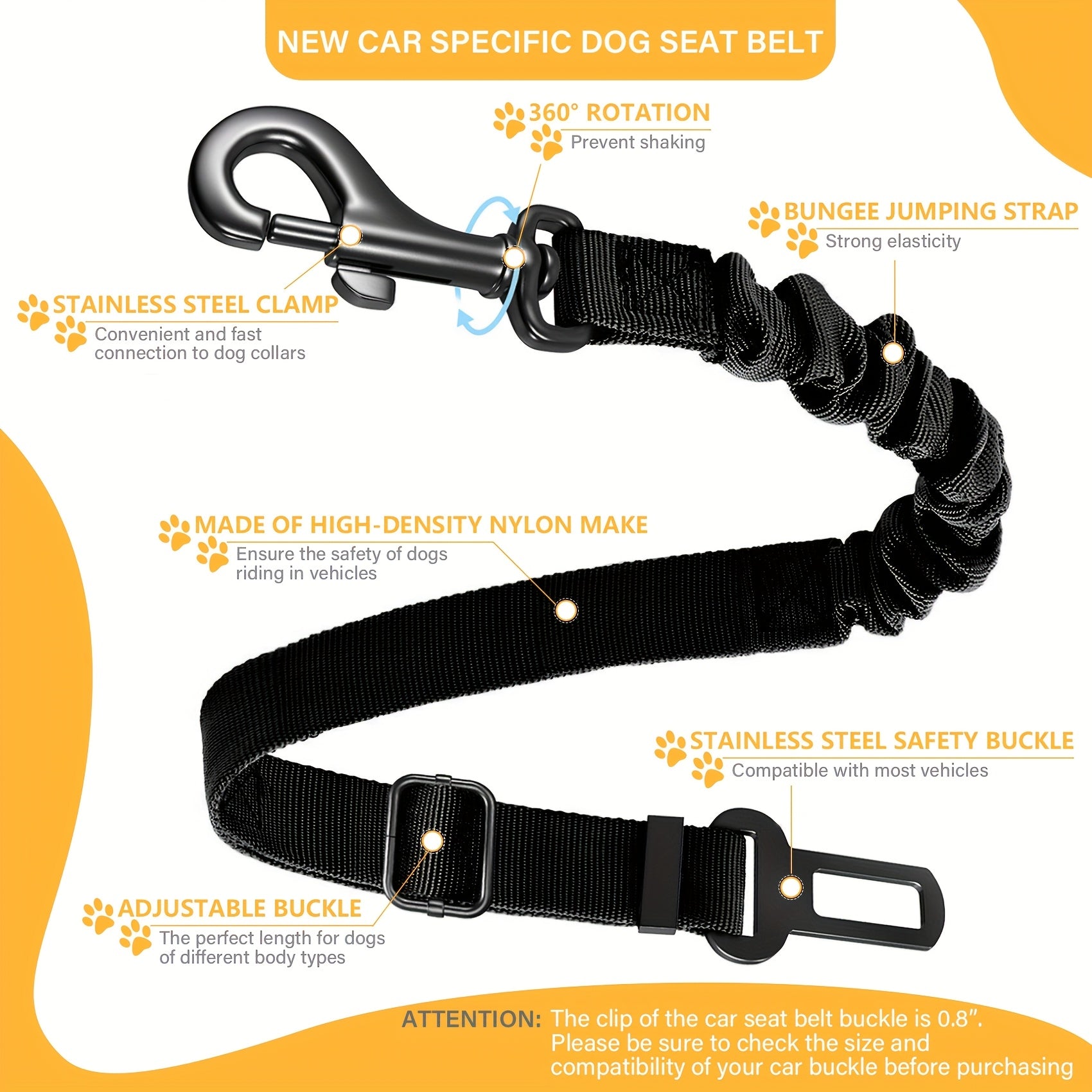 Elastic Nylon Retractable Safety Restraint - Adjustable Dog Seat Belt Harness with Secure Clasps for All Dog Sizes