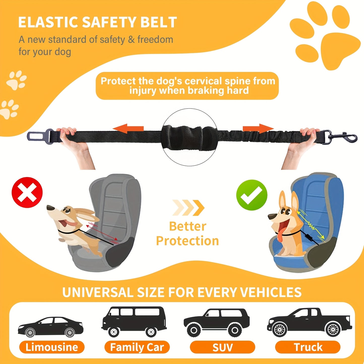 Elastic Nylon Retractable Safety Restraint - Adjustable Dog Seat Belt Harness with Secure Clasps for All Dog Sizes