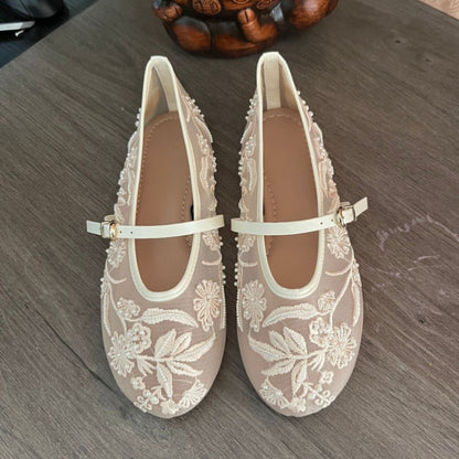 Elegant White Ballet Flats, Summer Mary Jane Shoes, Embroidered Mesh, Belt Buckle Strap Designer Ladies