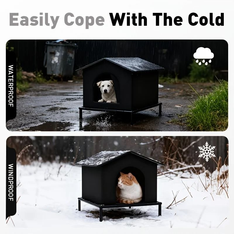 Outdoor Insulated Cat House With Elevated Shelf And Cushion For Warm Winter Shelter 2