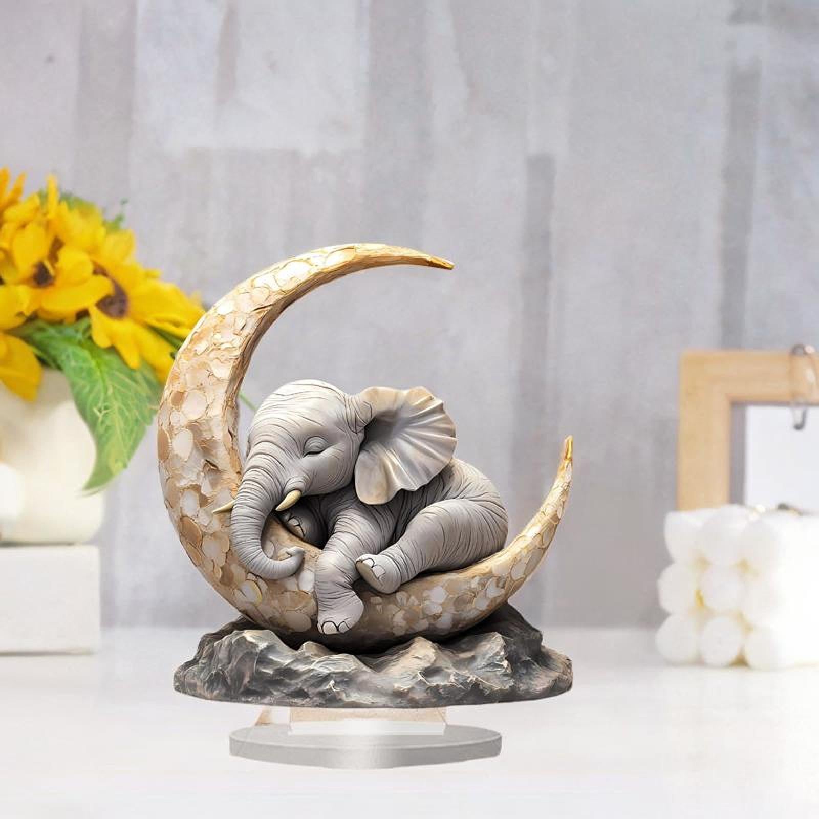 Cute Elephant Sleeping on The Moon Animal Present Acrylic Ornament for Bookshelf