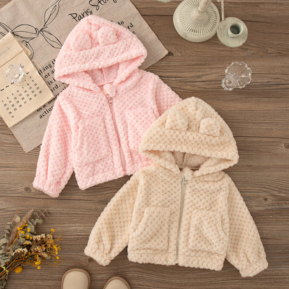 Baby Girl Pink Plush Coat, Lovely Zipper Hooded Long Sleeved Jacket, Girl Autumn Winter Keep Warm Clothes