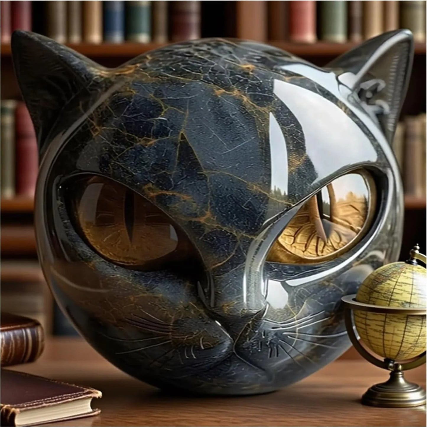 Resin Cat Head Healing Stone Decorative Black Cat Stone Figurine Marble Texture Keepsake Gift For O 1