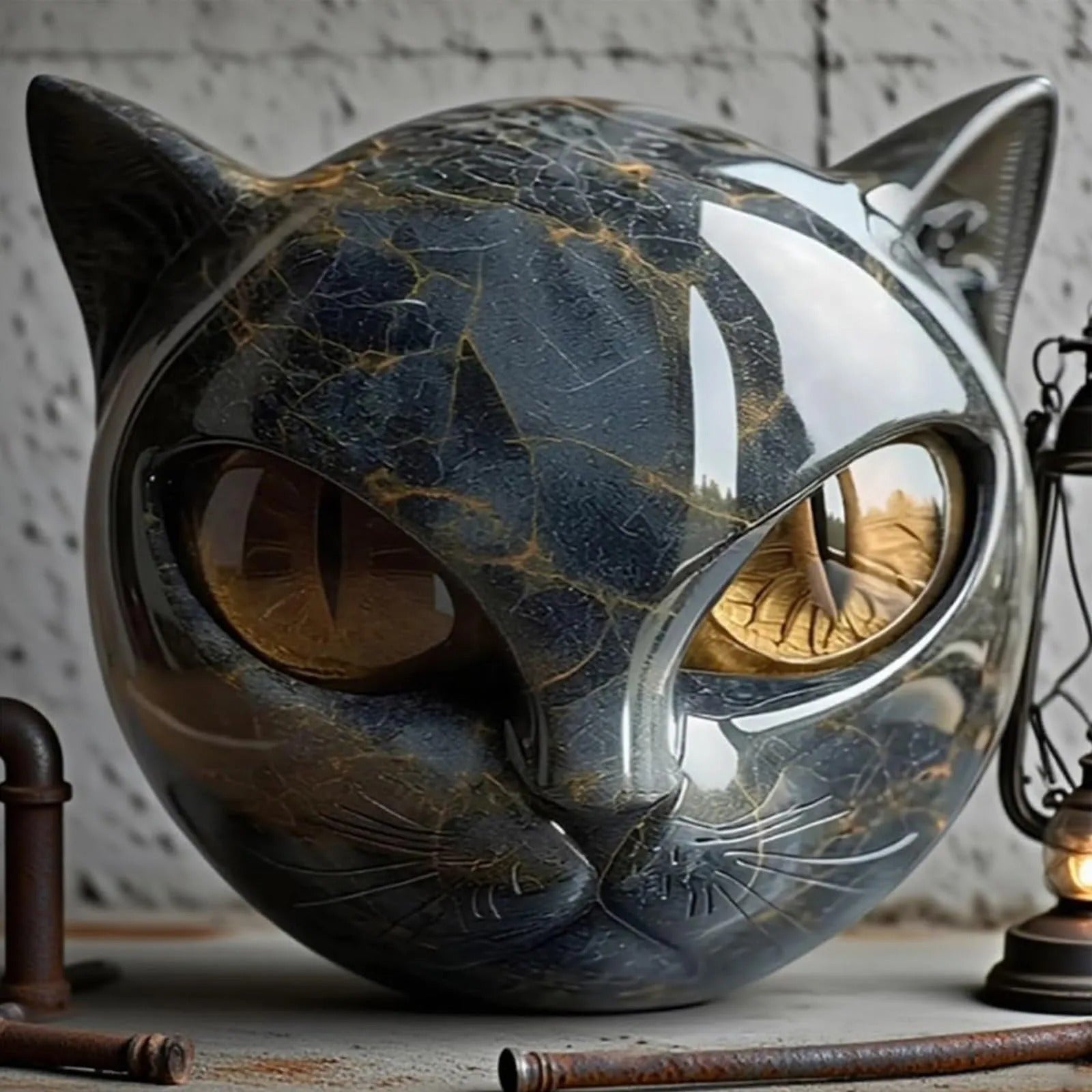 Resin Cat Head Healing Stone Decorative Black Cat Stone Figurine Marble Texture Keepsake Gift For O 3