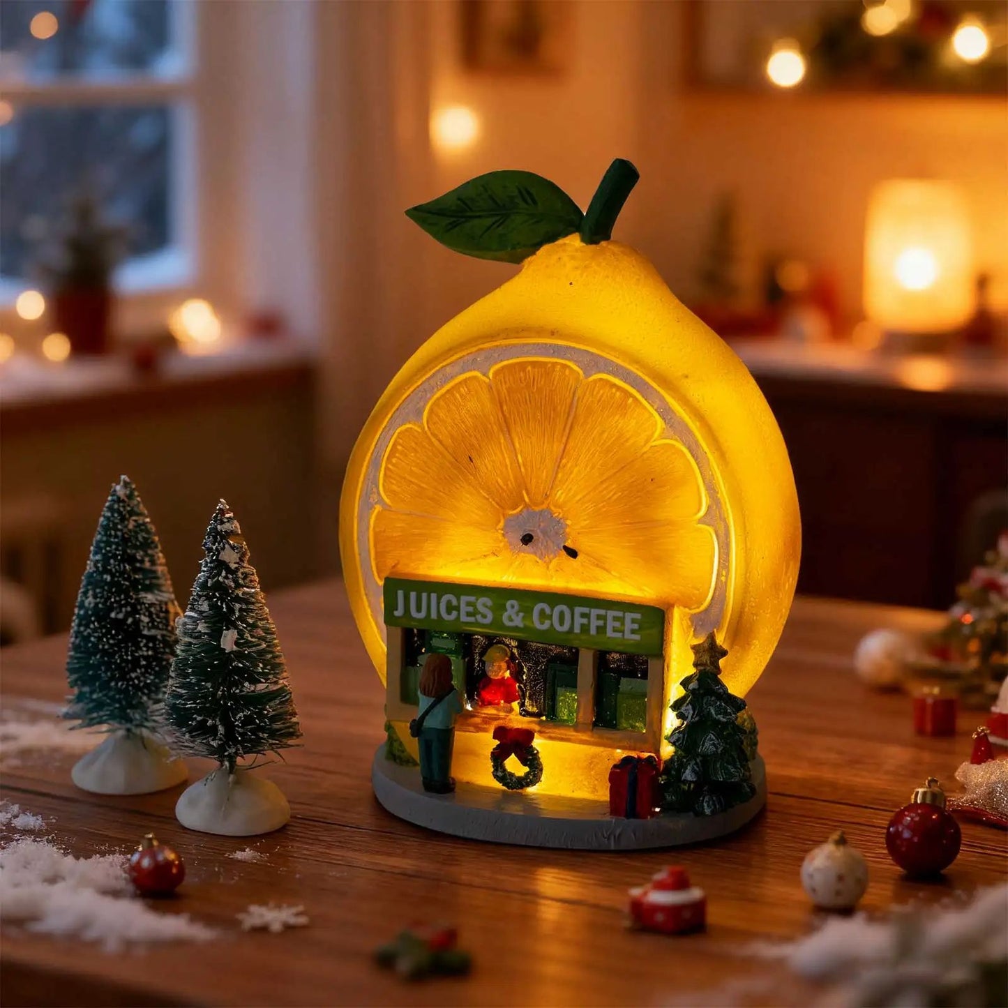 Christmas Cozy Snowy Lemon & Coffee Shop LED Village Ornament