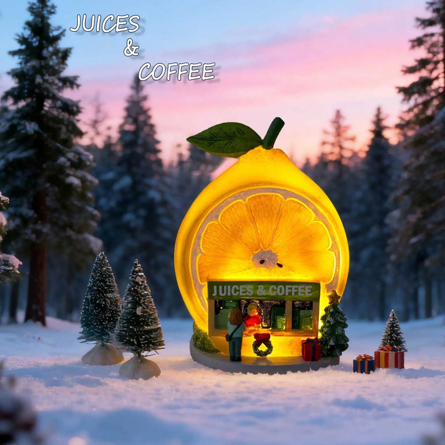 Christmas Cozy Snowy Lemon  Coffee Shop LED Village Ornament 4