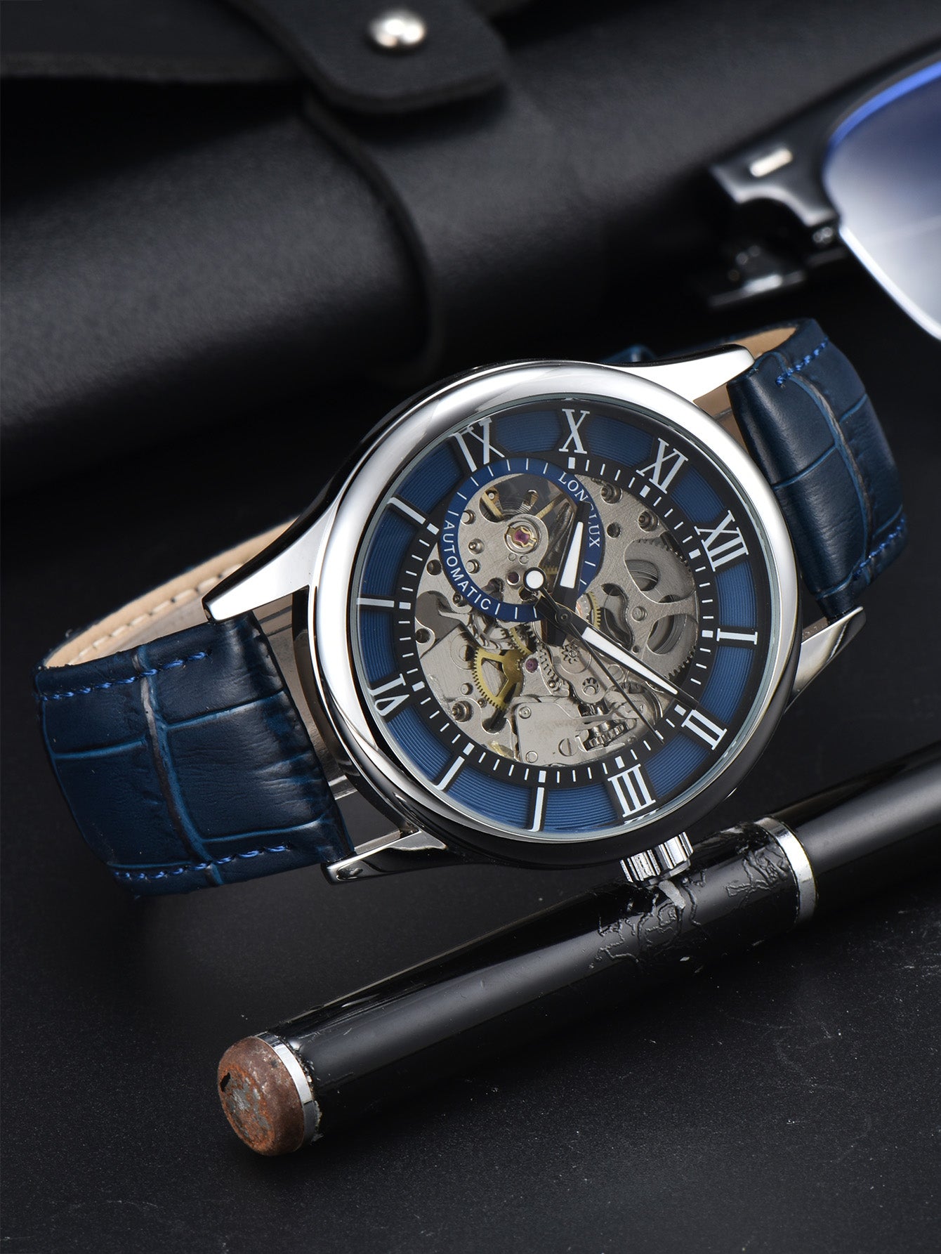 Waterproof Hollow Leather Men's Watch Automatic Mechanical Rome Watch