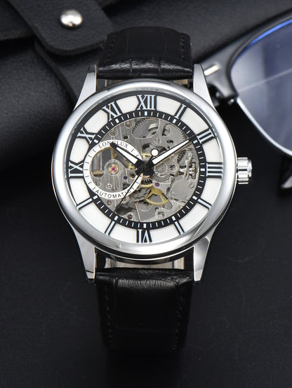 Waterproof Hollow Leather Mens Watch Automatic Mechanical Rome Watch 6