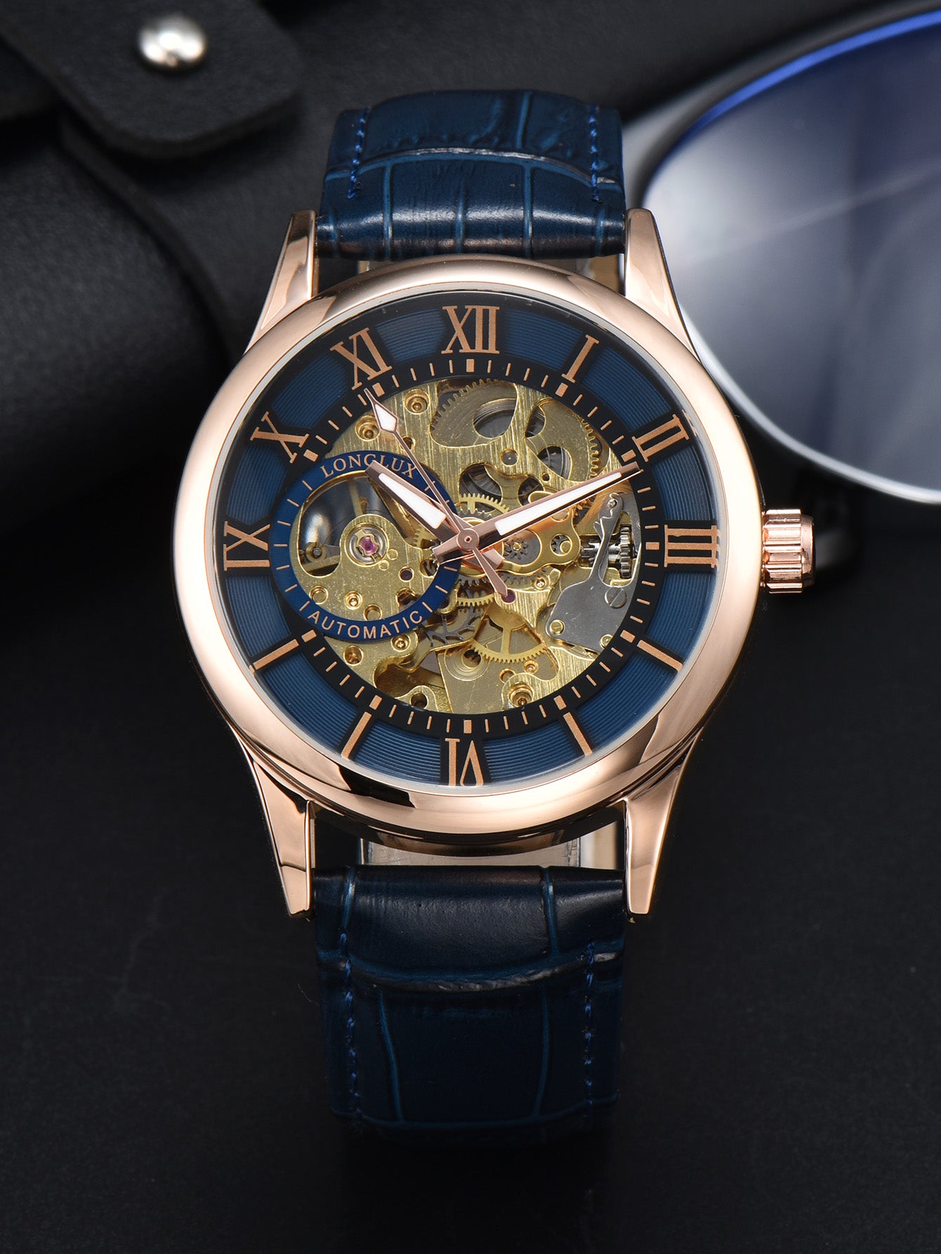 Waterproof Hollow Leather Mens Watch Automatic Mechanical Rome Watch 7