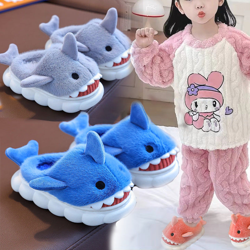 Cute Cartoon Shark Winter Heel Wrap Slippers for Kids, Soft Sole Non-slip, Plush Warm Children's Shoes