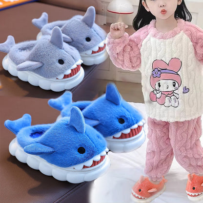 Cute Cartoon Shark Winter Heel Wrap Slippers for Kids, Soft Sole Non-slip, Plush Warm Children's Shoes