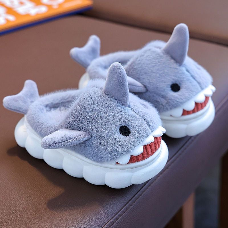 Cute Cartoon Shark Winter Heel Wrap Slippers For Kids Soft Sole Nonslip Plush Warm Childrens Shoes 2