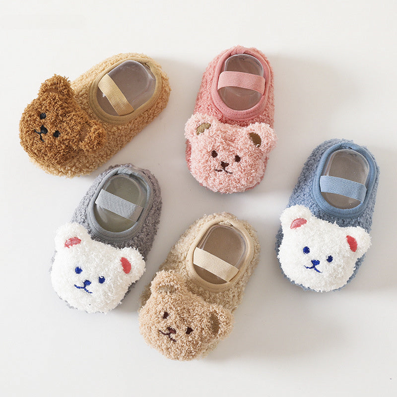 Newborn Cartoon Bear Shoes, Plush Winter Soft Soled Infant Walkers