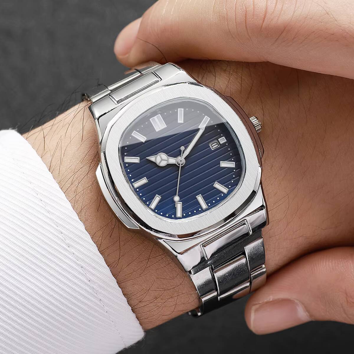 Stainless Steel Calendar Quartz Wristwatch For Men Fashion Square Business Watch 1