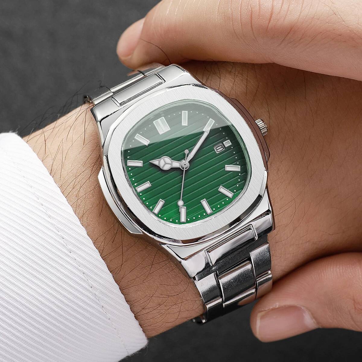 Stainless Steel Calendar Quartz Wristwatch For Men Fashion Square Business Watch 2
