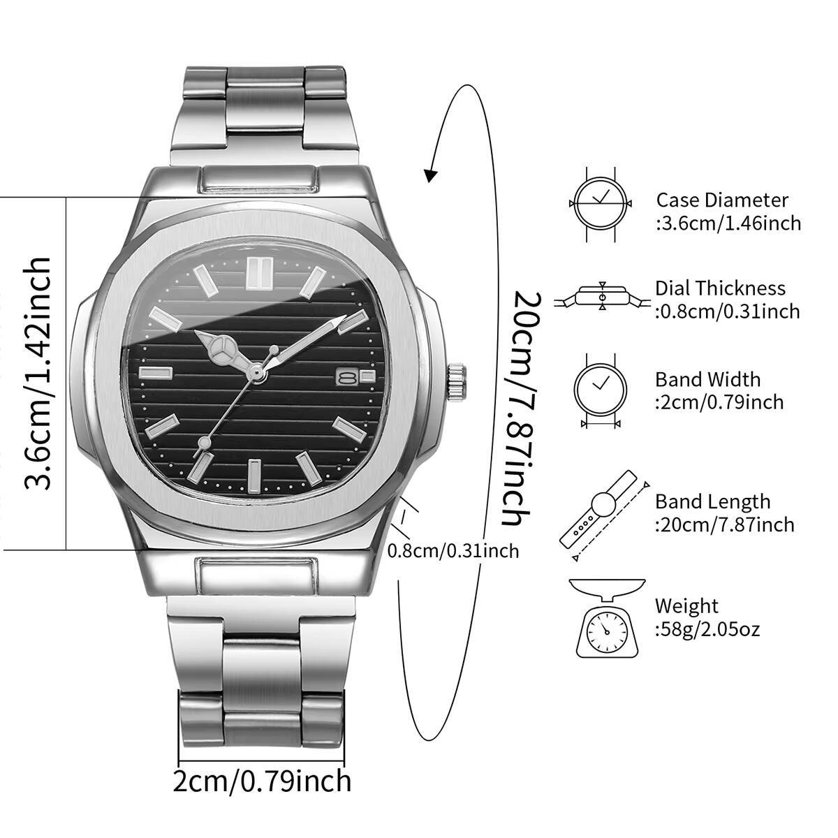 Stainless Steel Calendar Quartz Wristwatch For Men Fashion Square Business Watch 4