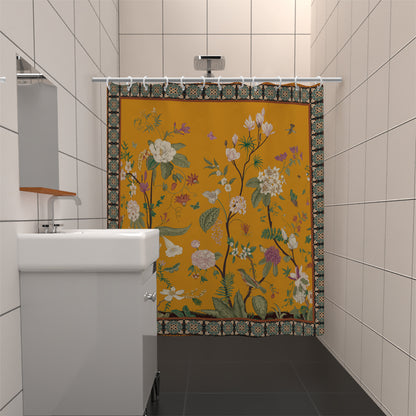 Yellow Retro Floral Pattern Printed Shower Curtain Partition, Bathroom Waterproof and Mildew Proof