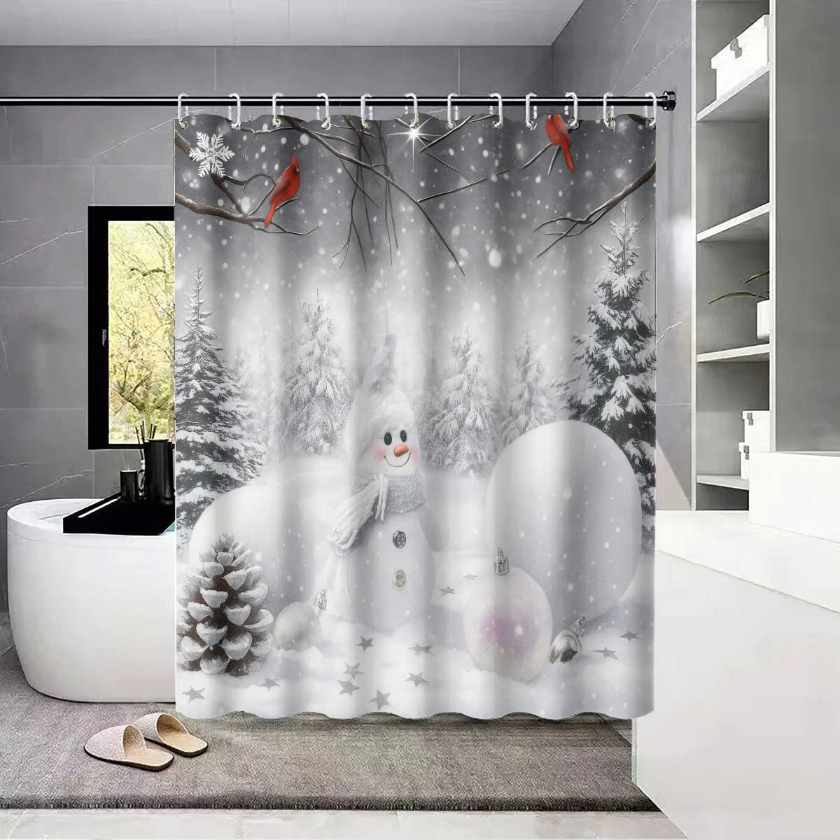 Christmas White Snowman Shower Curtain with Hooks, Waterproof Shower Partition Curtain