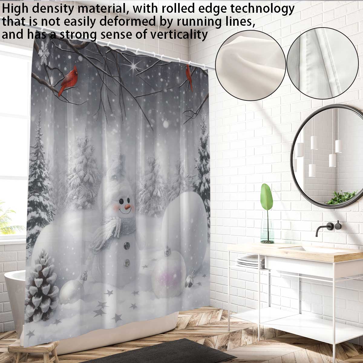 Christmas White Snowman Shower Curtain with Hooks, Waterproof Shower Partition Curtain