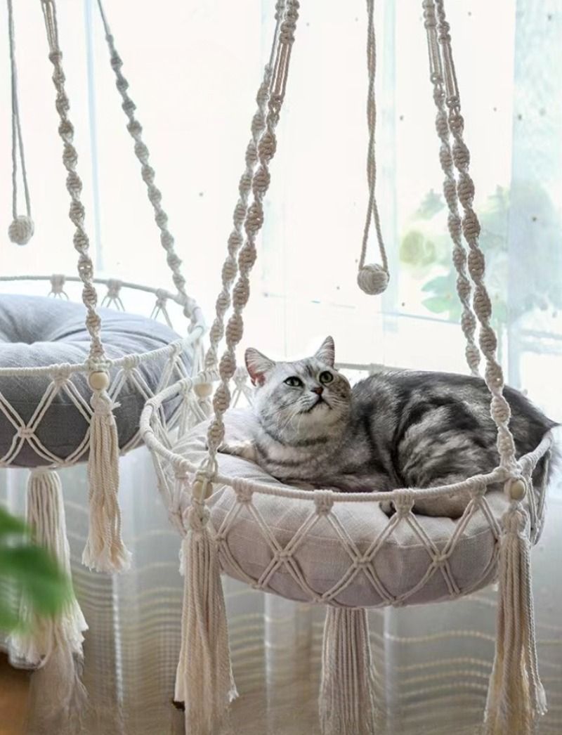 Hand Woven Cotton Rope Cat Hammock Hanging Pet Swing Basket For Indoor Use 11