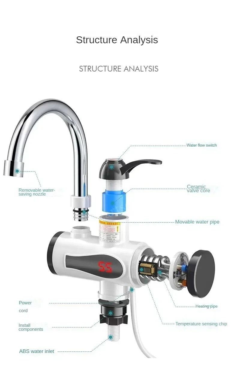 3000W Electric Instant Hot Water Faucet Tankless Kitchen Water Heater Tap With LED Temperature Disp 5