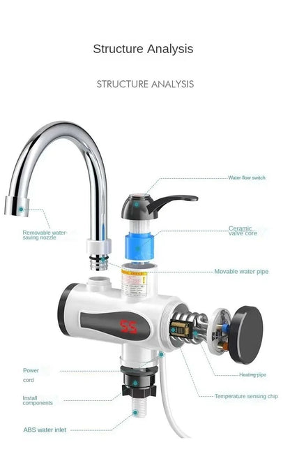3000W Electric Instant Hot Water Faucet Tankless Kitchen Water Heater Tap With LED Temperature Disp 5