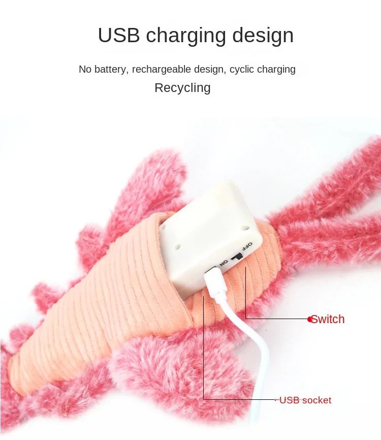 Electric Lobster Cat Toy USB Rechargeable Jumping Shrimp Plush Interactive Pet Toy 7