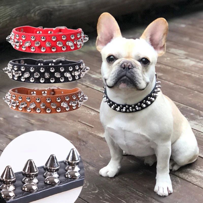 Adjustable PU Leather Spiked Dog Collar Punk Rivet Neck Strap for Small Dogs and Cats