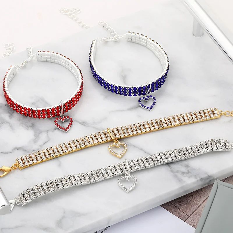 Three Row Rhinestone Pet Collar Elastic Sparkling Necklace For Cats And Dogs 1