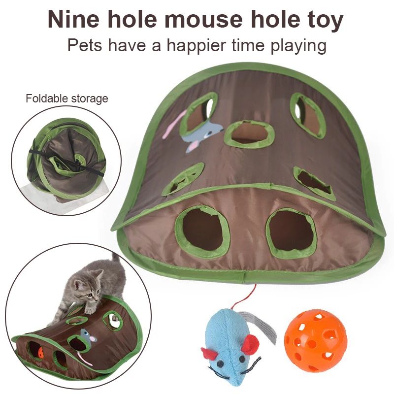 Folding Nine Hole Cat Tunnel Toy with Plush Mouse and Grab Ball
