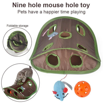 Folding Nine Hole Cat Tunnel Toy with Plush Mouse and Grab Ball