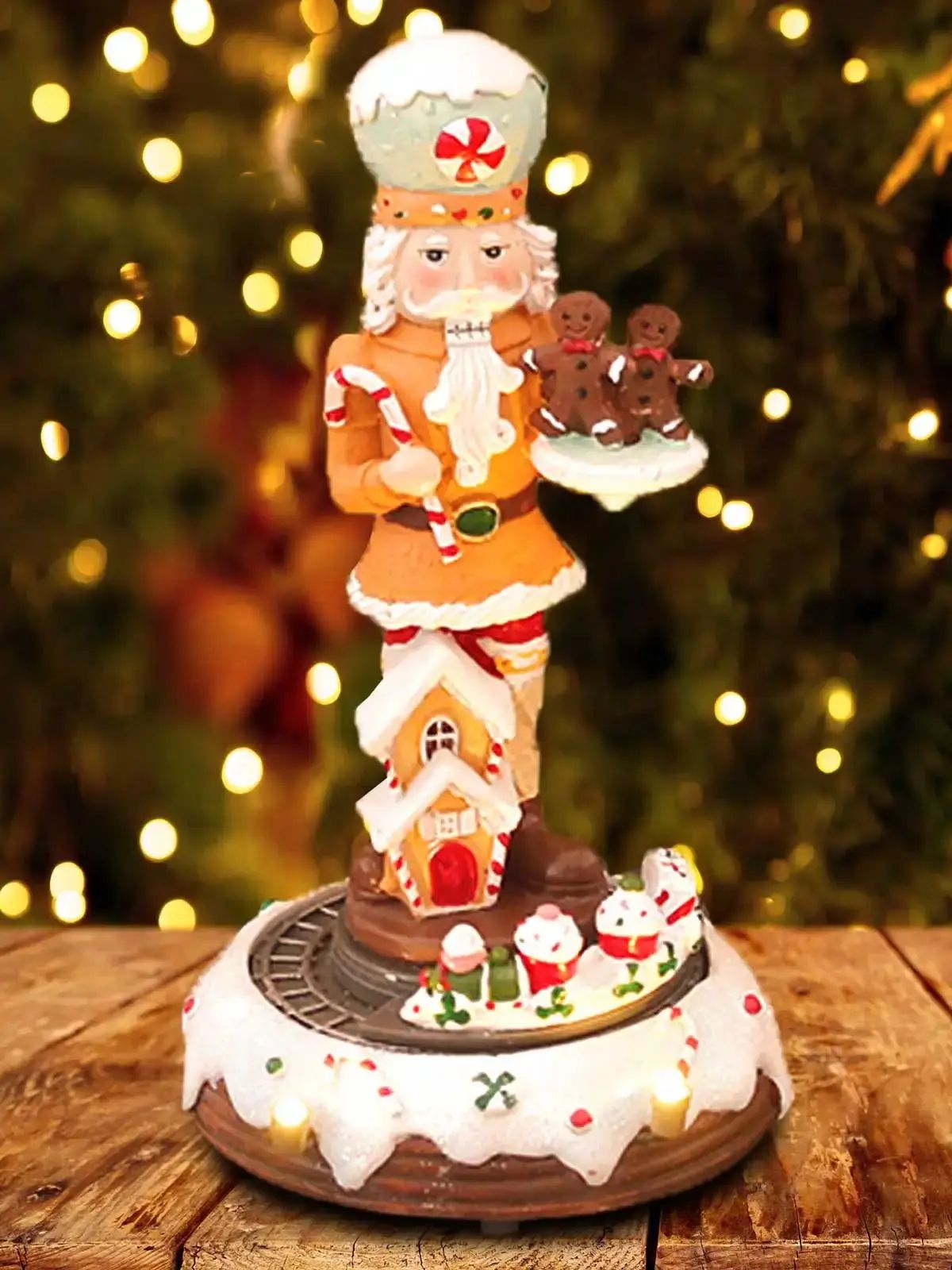 Christmas Gingerbread Nutcracker Figurine With LED Light And Rotating Train Decor 3
