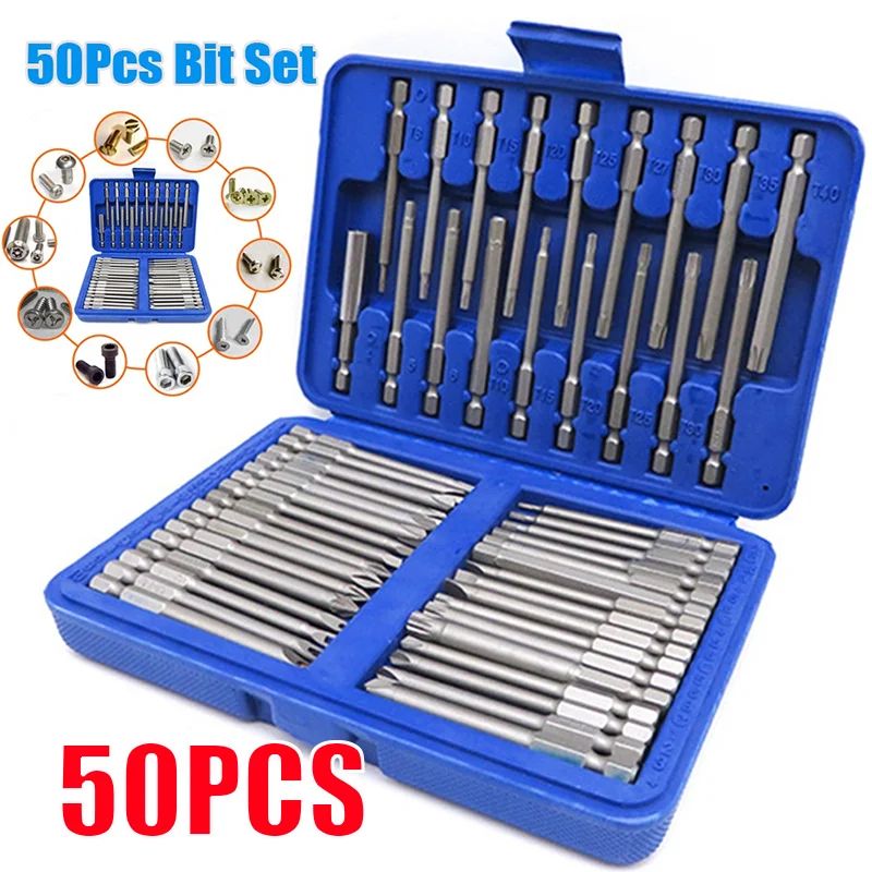 50 Piece Extra Long 75mm Security Bit Set Torx Star and Hex Screwdriver Bits