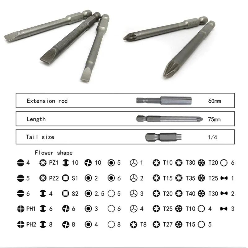50 Piece Extra Long 75mm Security Bit Set Torx Star And Hex Screwdriver Bits 1
