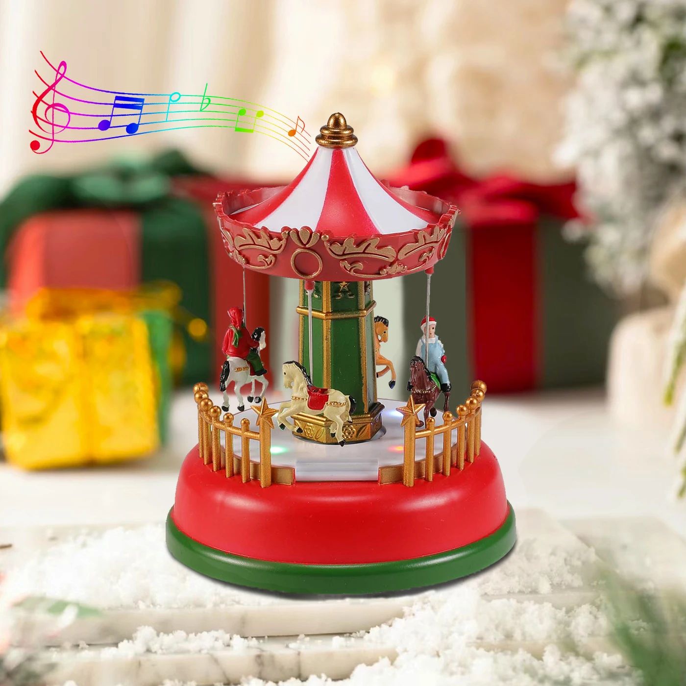 Holiday Carousel LED Music Box - Light-Up Christmas Village Tabletop Decoration