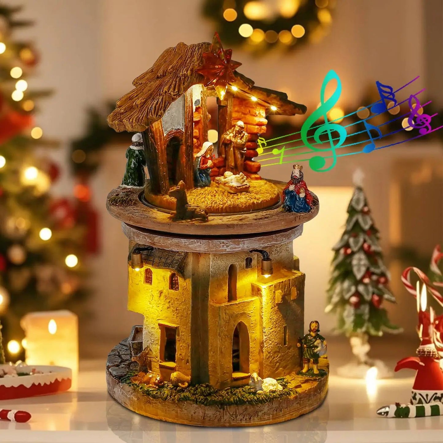 RadiantRotating Christmas Nativity Scene – Lighted & Musical Holy Family Manger Decoration