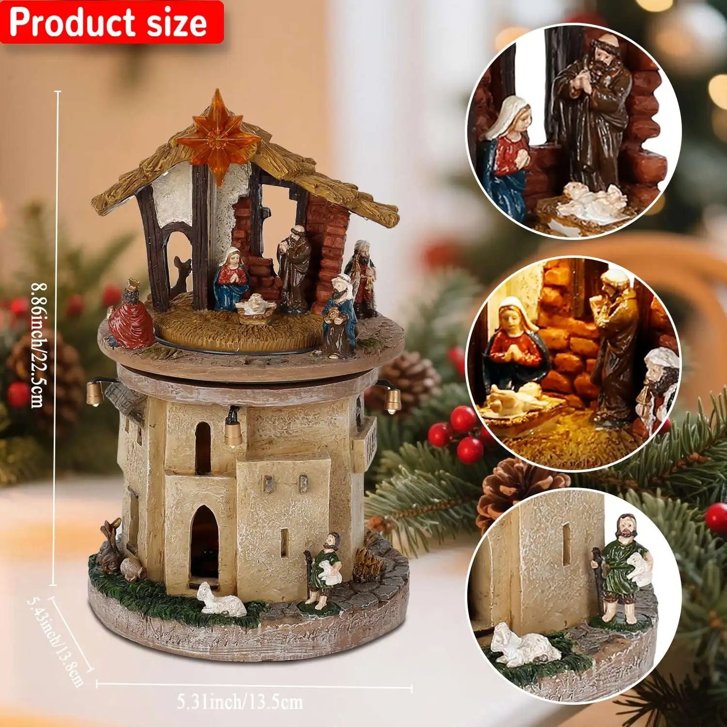 RadiantRotating Christmas Nativity Scene  Lighted  Musical Holy Family Manger Decoration 1