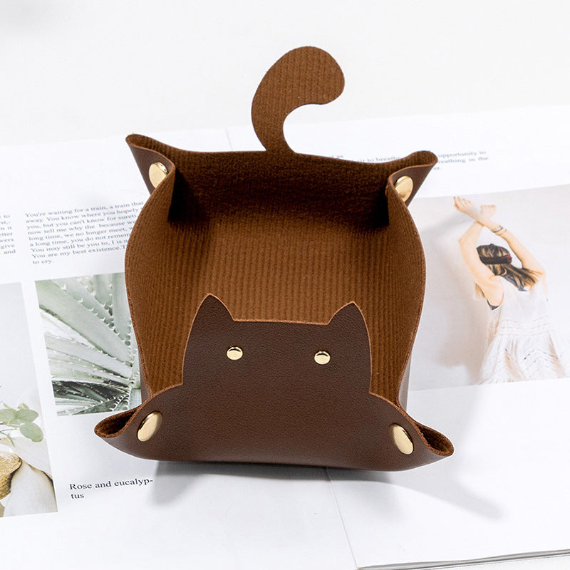 Creative Cat Shape PU Leather Storage Tray, Desktop Sundries Storage Box, Jewelry Organizer for Bedroom, Living Room