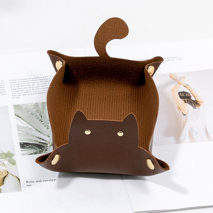 Creative Cat Shape PU Leather Storage Tray, Desktop Sundries Storage Box, Jewelry Organizer for Bedroom, Living Room