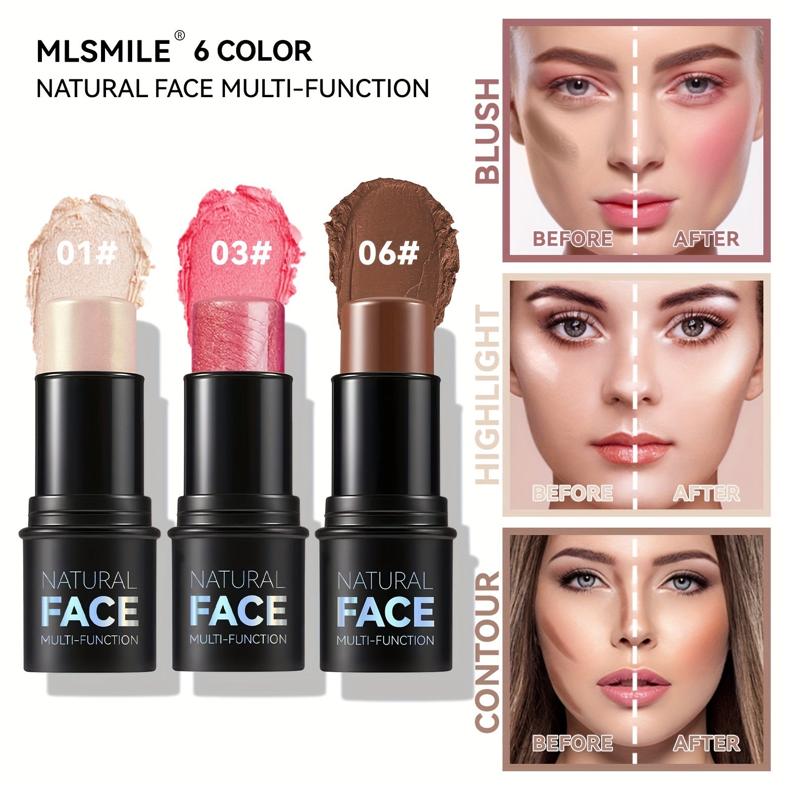 Nongreasy Cream Contour Stick Set With Highlighter Bronzer Blush Waterresistant Face Contouring Pen 4