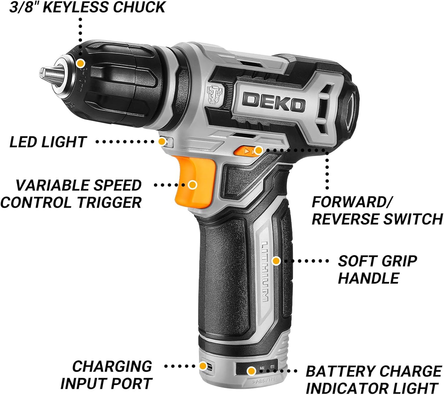 DEKO Cordless Drill Set With Rechargeable Battery Small Electric Drill With Keyless Chuck Portable  1