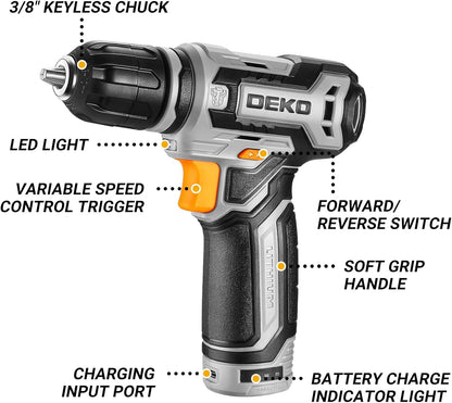 DEKO Cordless Drill Set With Rechargeable Battery Small Electric Drill With Keyless Chuck Portable  1