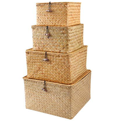 Set of 4 Seagrass Baskets with Lid, Wicker Storage Organizer for Shelf, Flat Storage Bins and Decor